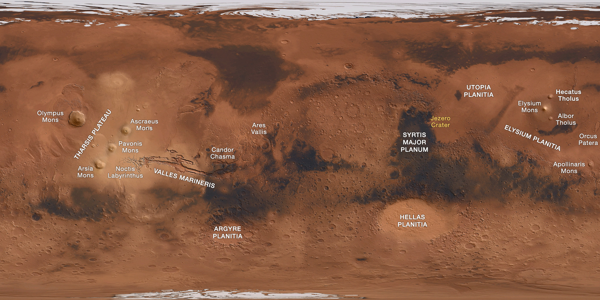 Mars map with LOG Worksheet surface features labeled